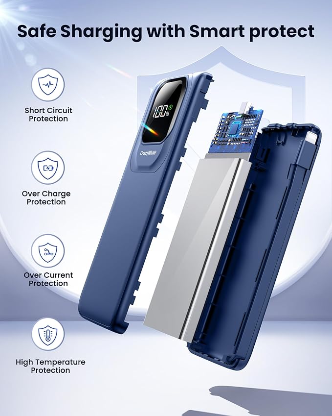 Portable Charger with Built-in Cables,22.5W Super Fast Charging Power Bank Slim Phone Charger,10000mAh Travel Battery Pack Battery Bank with Smart LED Display for iPhone, Android & USB-C (Blue)