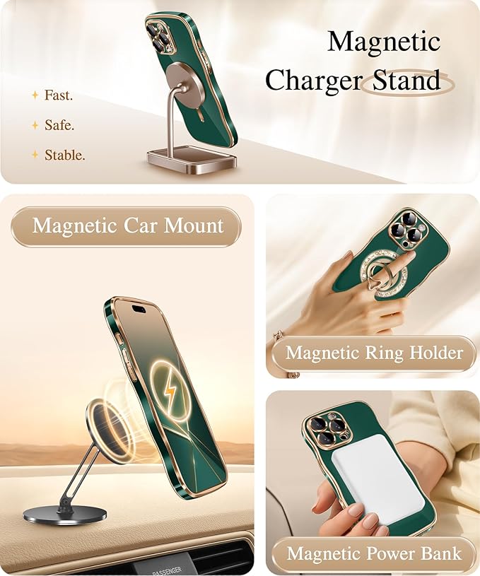 GVIEWIN for iPhone 16 Pro Case Compatible with MagSafe, Upgraded [Full Camera Protection][Cute Wave Frame][Military Grade Protection] Electroplated Soft Phone Cover for Women Girl, Green