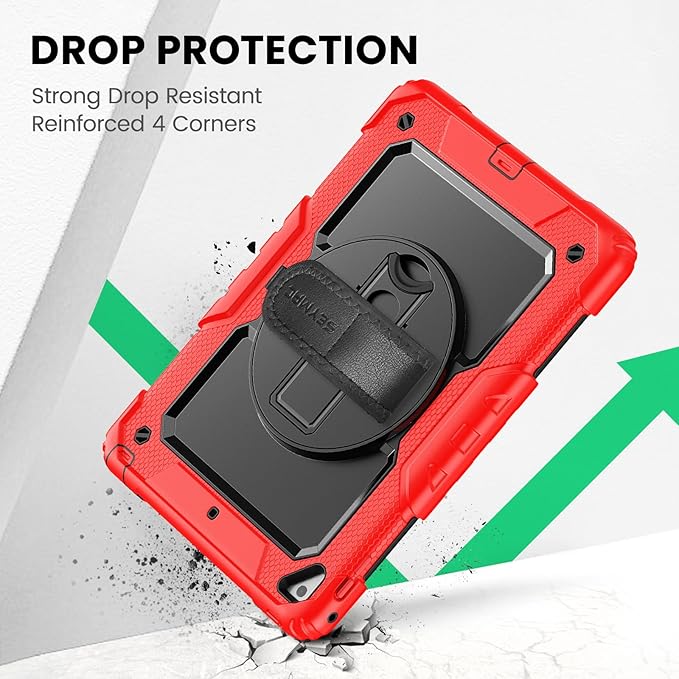 SEYMAC Case for iPad 6th/5th Generation 9.7 Inch, Full-Body Shockproof Heavy Duty Protective Case with Screen Protector, Rotating Stand/Hand/Shoulder Strap for iPad Air 2/ Pro 9.7, Red