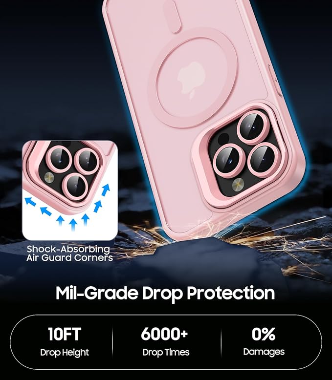 TOBOVON for iPhone 14 Pro Case, Compatible with MagSafe, Built-in Camera Ring Stand, with Individual Camera Cover, Translucent Matte Military-Grade Drop Protection Magnetic Case, Pink