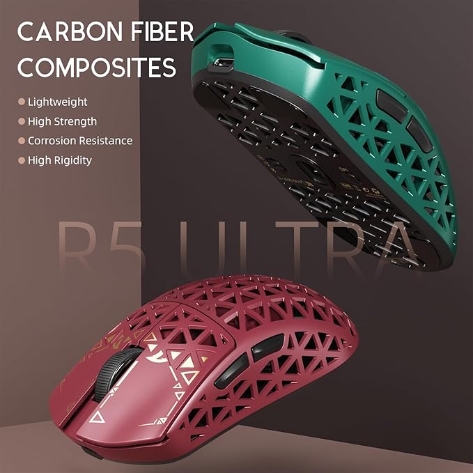 ATTACK SHARK R5 Ultra Wireless Gaming Mouse,39g Superlight Carbon Fiber Hollowed-Out,PAW3950MAX Optical Sensor Nordic 52840 MCU 8K Polling 42K DPI,Tri-Mode Programmable Mice with Coiled Cable-Red