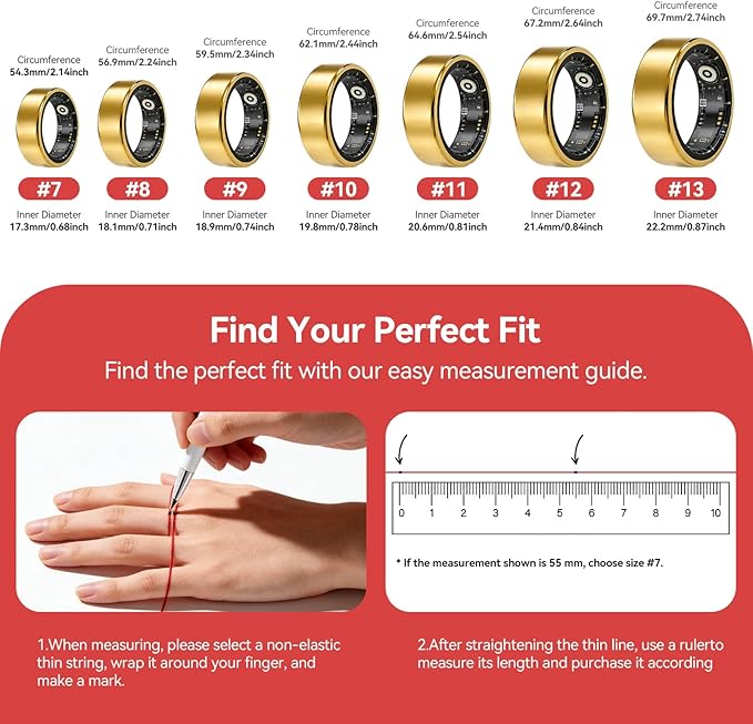 Smart Ring Fitness Tracker for Women and Men, Heart Rate Monitor, Sleep and Stress Monitoring, Menstrual Cycle Tracking, Step Counter, IP68 Waterproof, No Subscription, Compatible with iOS and Android