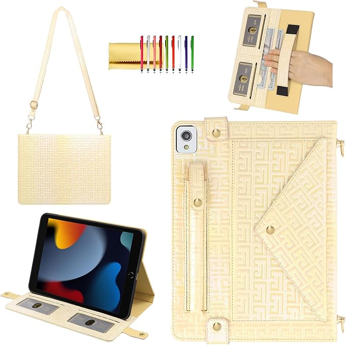 Shiny Case for iPad 6th/5th Gen 9.7 Inch (2018/2017), iPad Pro 9.7"/Air 2, Techcircle Crossbody Iridescent Folio Stand Multi-Pocket Wallet Case with Pencil Holder+Hand/Shoulder Strap, Shiny Yellow