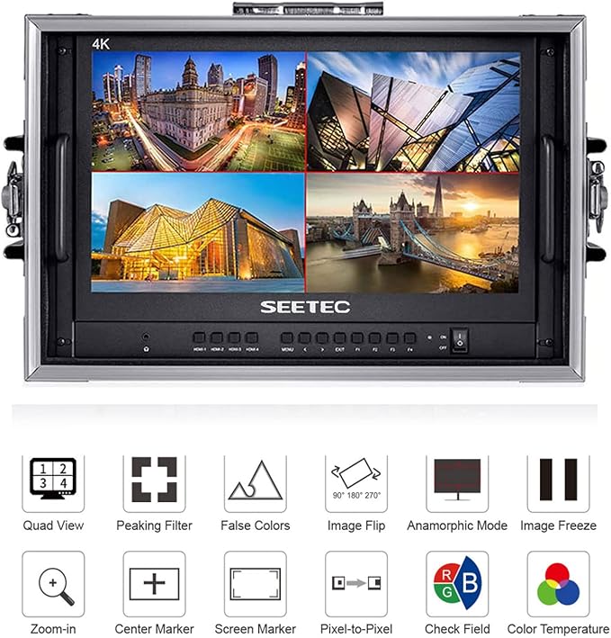 ATEM156-CO 15.6” 4K HDMI Multiview Portable Carry-on Broadcast Director Monitor with 1920×1080 Pixels 4 HDMI Input Output Quad Split Display +Sunshade