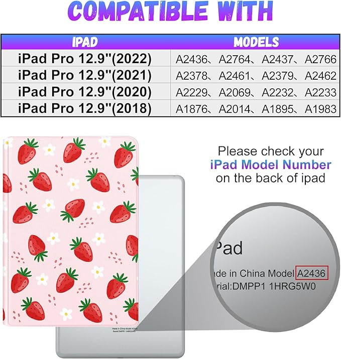 Uppuppy for iPad Air 13 Inch M2/M3, Pro 12.9 Case - Cute Women Girls Girly Kawaii Strawberry Pencil Holder Folio Cover for Apple Air 13" 2024/2025, Pro 6th/5th/4th/3rd Generation Case
