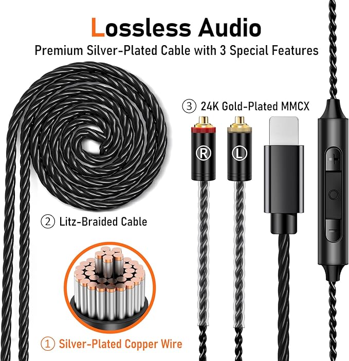 Vibes 202ML Wired Earbuds - HiFi in Ear Headphones for iPhone 5–14, Noise Isolating Ear Buds w/ Mic - Clear Sound, Deep Bass, Comfort-Fit Earphones - MMCX–LTN, Silver Plated Cord, Carrying Case