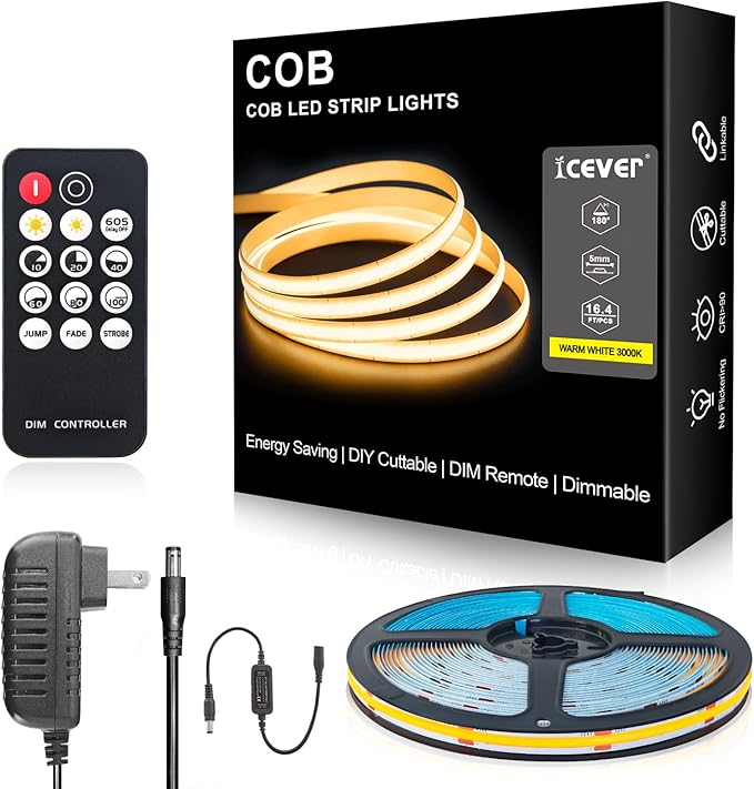 COB LED Strip Lights, ETL Listed Warm White Light Strip 3000K, 16.4ft 24V COB Lights with 1600 LEDs, CRI 90+, Remote, 24V Adapter, LED Lights for Cabinets, Home DIY Lighting Indoor Decoration