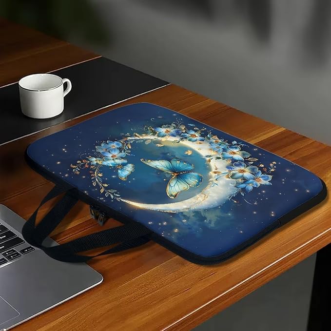 Blue Butterfly Moon Computer Bag Sleeve with Handle, Protective Tablet Case with Zipper, Women Sturdy Laptop Bag, Portable Notebook Sleeves Handbag for Travel/Business/School