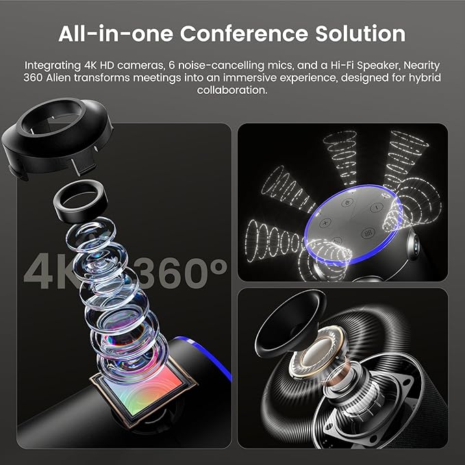 NEARITY 360 Alien 4K Video Conference Camera with Microphone, 8MP Video Conferencing Webcam, 3 AI Modes, 6 Noise Cancelling Mics, Auto Framing, Conference Webcam for PC/Laptop/SmartBoard