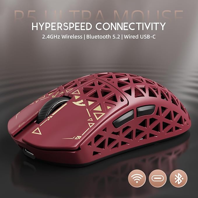 ATTACK SHARK R5 Ultra Wireless Gaming Mouse,39g Superlight Carbon Fiber Hollowed-Out,PAW3950MAX Optical Sensor Nordic 52840 MCU 8K Polling 42K DPI,Tri-Mode Programmable Mice with Coiled Cable-Red