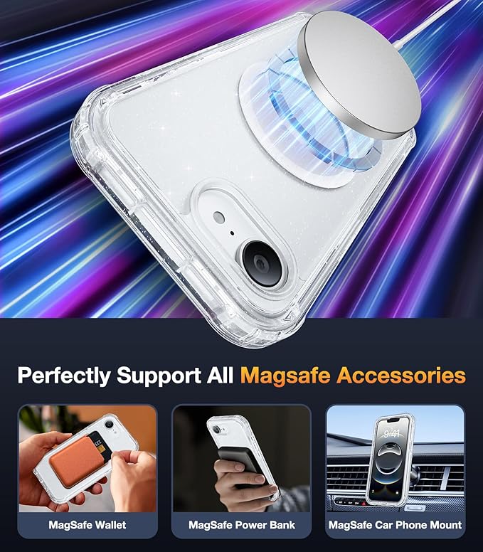 Diaclara Magnetic Designed for iPhone 16e Case, Full Body Rugged Case with Built-in Touch Sensitive Anti-Scratch Screen Protector, Soft TPU Bumper Waterproof Case (Clear Glitter)