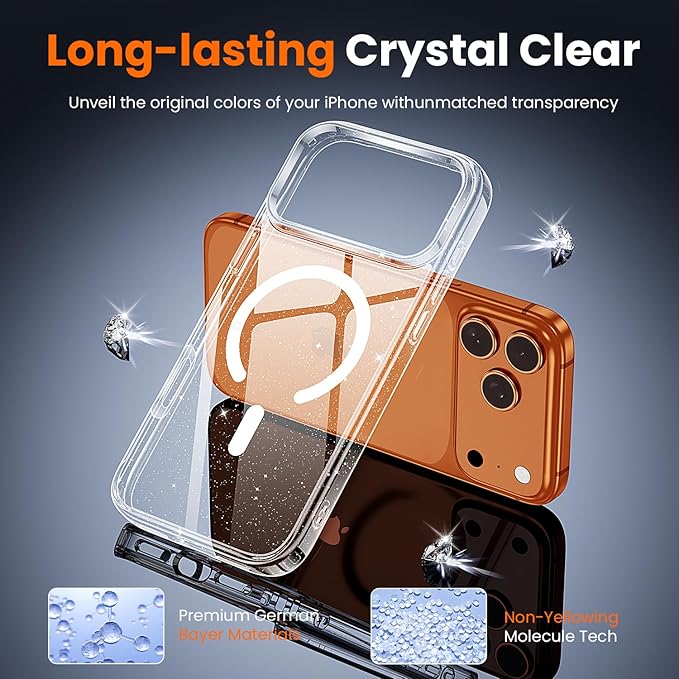 toushion 3 in 1 for iPhone 17 Pro Max Case Clear Glitter,Fits MagSafe, Not Yellowing, Screen Protector*1 Camera Lens Protector*1, Military-Grade Protection for Phone Cover 6.9 inch