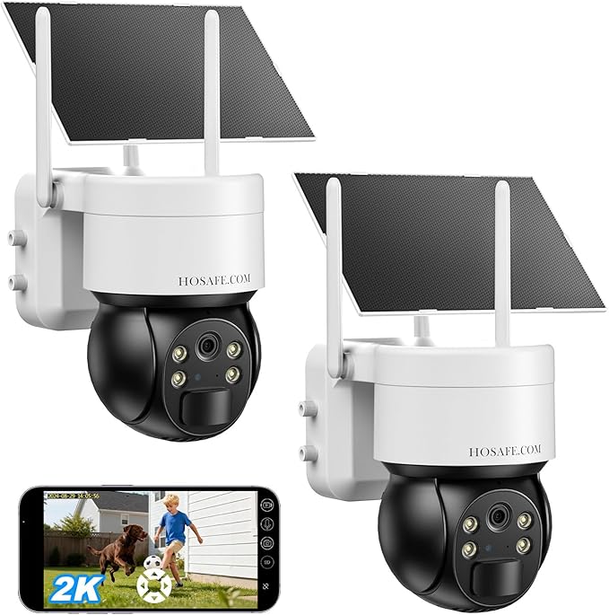HOSAFE.COM Solar Security Cameras Wireless Outdoor, WiFi Cameras for Home Security, Outdoor Camera with 360° View, 2K HD Color Night Vision, 2-Way Audio, SD/Free Cloud Storage (Need Apply), 2 Packs