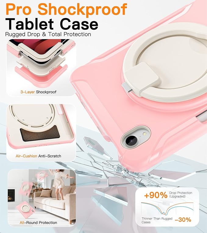 BATYUE Shockproof Case for iPad mini 7 (A17 Pro)/ Mini 6 8.3 inch (2024/2021) - 360° Multi-Angle Stand (Portrait & Landscape) & Grip, Built-in Pencil Holder, Pink