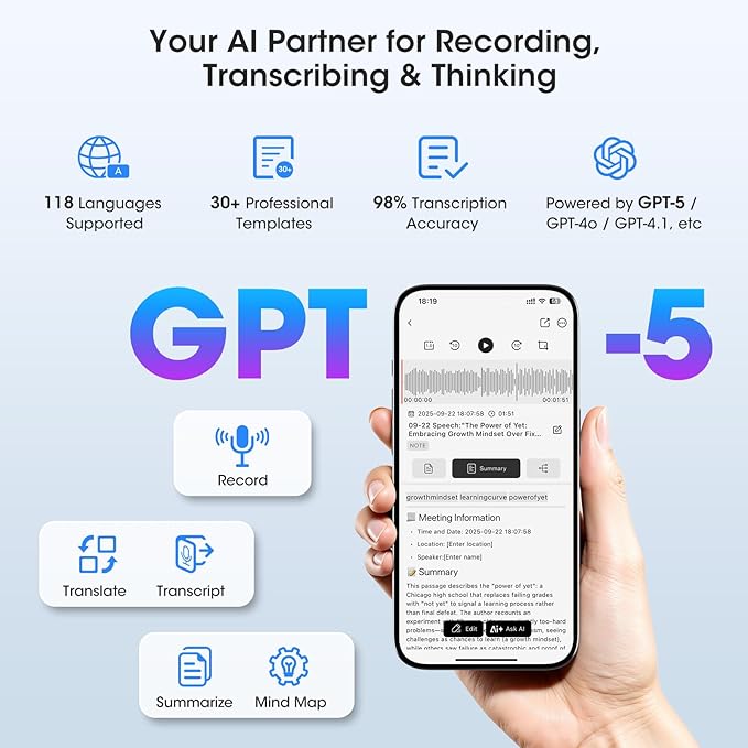 Alotwan AI Voice Recorder - AI Note Taking Device with Transcribe & Summarize, Support 118 Languages, 64GB APP Control, AI Noise Cancellation, Clear Audio Recorder for Lectures, Meetings, Calls
