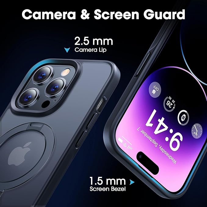 CASEKOO for iPhone 15 Pro Case with Magnetic Invisible Stand [Military Drop Protection] [Compatible with MagSafe] Shockproof Slim Translucent Matte Case 6.1 Inch, Black, for Man/Woman