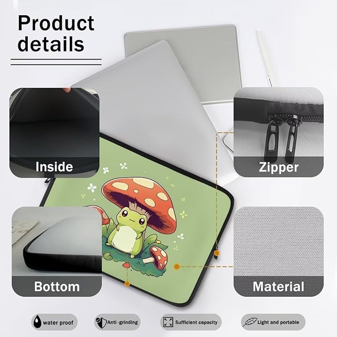 Cute Frog Laptop Protective Sleeve for Women Men 15 Inch Computer Sleeve Neoprene Laptop Bag Mushroom Lap Top Case Suitable for Travel School Office Organizers Green