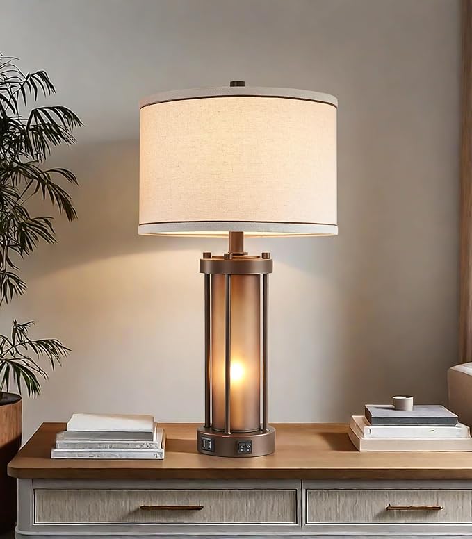 RORIA Farmhouse Table Lamps for Living Room with 2 USB Charging Ports, Vintage Rustic Nightstand Lamp with Amber Glass Nightlight, Retro Desk Lamp for Bedroom Entryway, 2 Bulbs Included