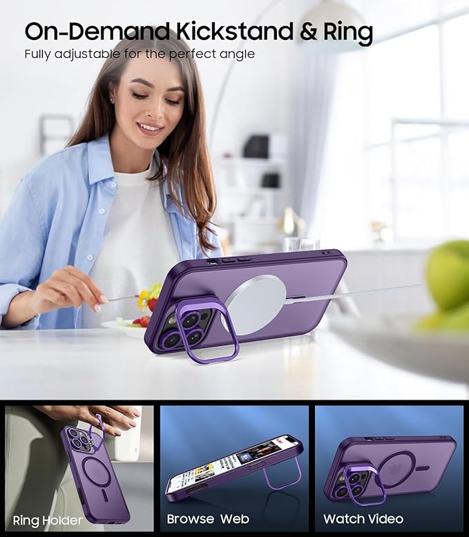 TOBOVON for iPhone 16 Pro Max Case, Compatible with MagSafe, Built-in Camera Ring Stand, with Individual Camera Cover, Translucent Matte Military-Grade Drop Protection Magnetic Case, Purple