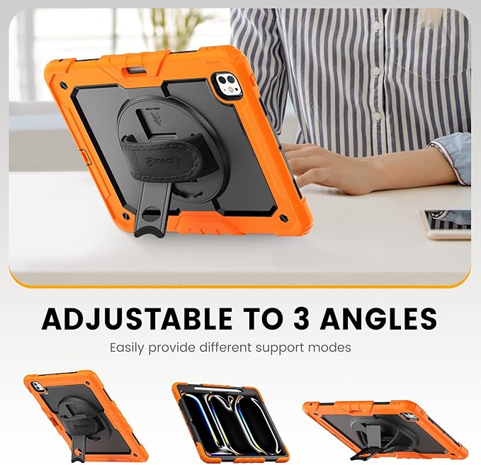 timecity Case for iPad Pro 13 Inch M5 2025 / M4 2024, 360° Rotating Stand, Pencil Holder & Wireless Charging, Shockproof with Screen Protector & Shoulder Strap - for Designers & Professionals, Orange