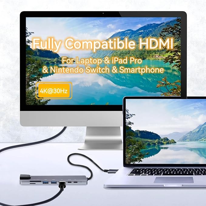 USB C Hub Multiport Adapter, 8 in 1 USBC Dongle with 4K HDMI, RJ45 Ethernet, 100W PD Charging, USB 3.0, SD/TF Card Reader, USB-C Docking Station for MacBook Pro/Air, Dell, HP and Other Type C Devices