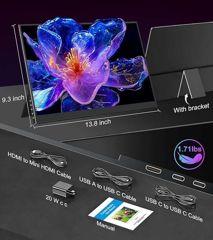 4K Portable Monitor 15.6" 3840x2400 UHD USB-C HDMI 100% NTSC 1500:1 Display, 100% Adobe RGB IPS Computer Gaming HDR Monitor w/Speakers & Kickstand for Laptop Xbox PS5 Switch PC Phone