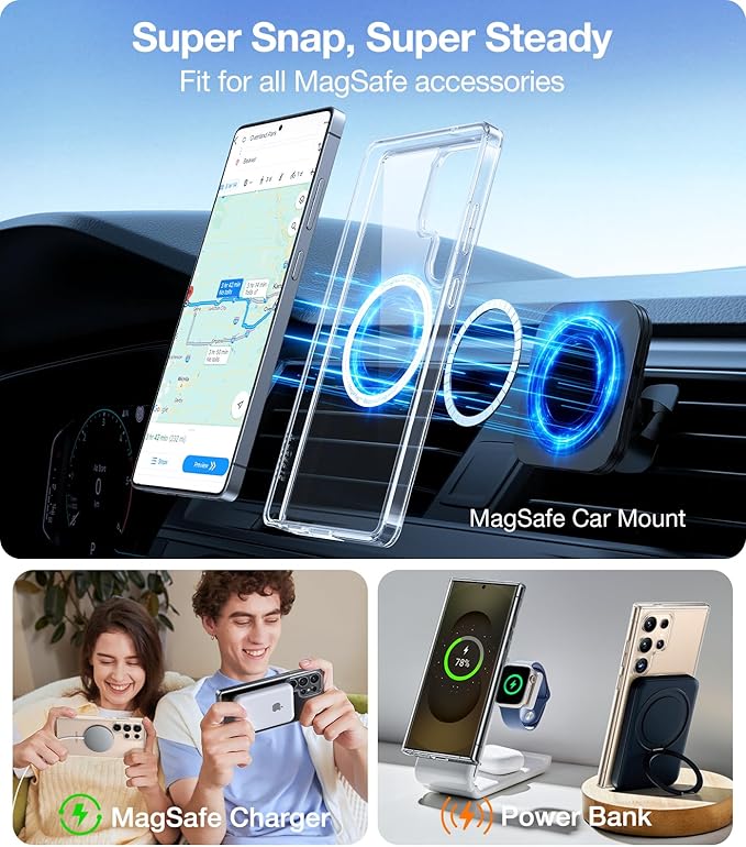 TORRAS Magnetic Shockproof for Samsung Galaxy S25 Ultra Case, [Fit for MagSafe][4X Military Grade Protection][Anti-Yellowing] Magnetic Slim Clear Case for Samsung S25 Ultra Case, Diamond Clear