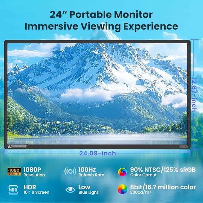 Hyangin 24-inch Large Portable Monitor for Laptop, 2026 Upgraded 1080P FHD 100Hz Portable Screen,125% sRGB IPS Portable Second Monitor with Adjustable Stand for Laptop, MacBook, Phones
