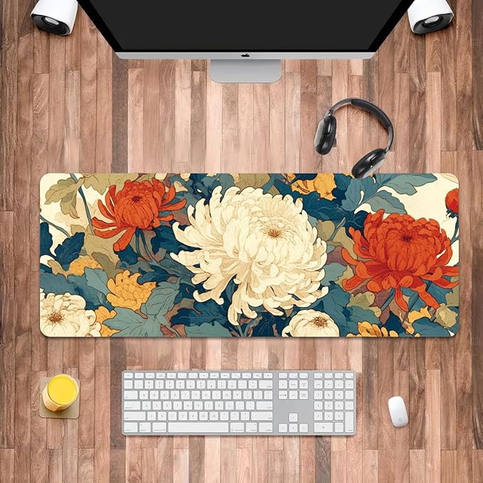 Flowers Mouse Pad, Large Mouse Pad for Desk, Extended Desk Mousepad with Non-Slip Rubber Base Stitched Edge Keyboard Mat for Gaming Office, 31.5" x 11.8"