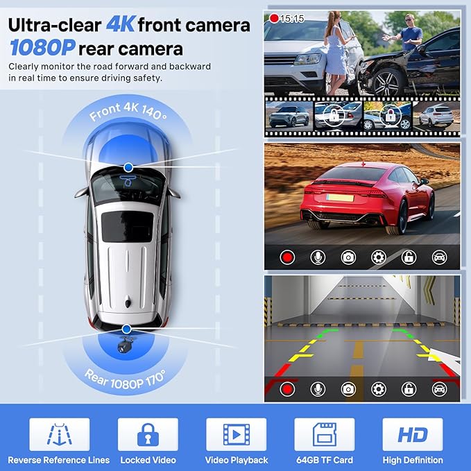 9" Wireless Apple Carplay Screen for Car with 4K Dash Cam, Portable Apple Carplay & Android Auto with 1080p Backup Camera DVR, Voice Control/GPS Navigation/Mirror Link/BT