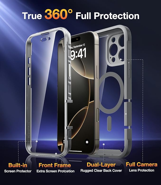 Diaclara Magnetic Designed for iPhone 16 Pro Max Case, Full Body Rugged with Touch Sensitive Anti-Scratch Screen Protector, Compatible with MagSafe, Soft Bumper Case for iPhone 16 Pro Max 6.9'', Gray