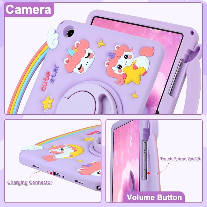 HianDier for Samsung Galaxy Tab A9 Plus Case Kids Girls Cute Unicorn for Galaxy A9+ Plus Tablet Case with Rainbow Handle and Detachable Lanyard Rotatable Kickstand Shockproof Protective Case-Purple