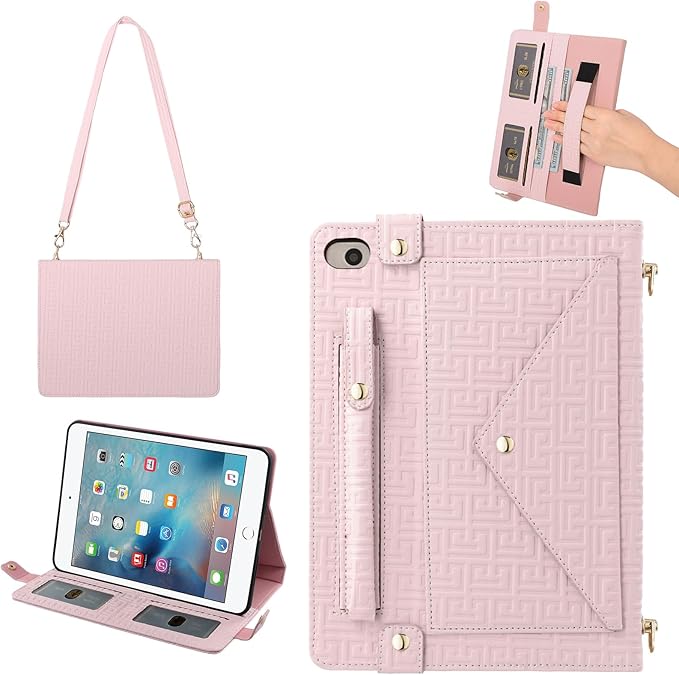 Handbag Case for iPad mini 5th 4th 3rd 2nd 1st Generation (Prior to 2019), Techcircle Elegant Crossbody Folio Stand Wallet Case with Pencil Holder, Card Slots, Hand Strap, Shoulder Strap, Baby Pink