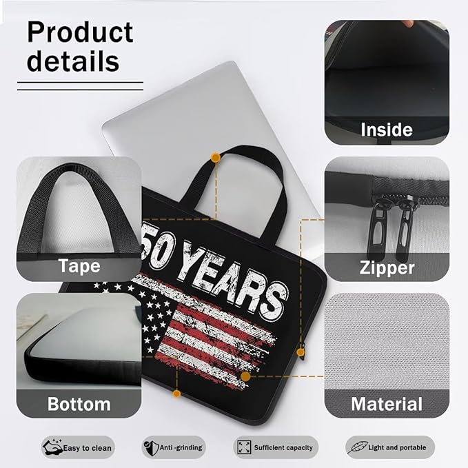 17 Inch Laptop Sleeve American Flag USA 250 Years Laptop Cover Computer Bag Tablet Carrying Case with Handle Tote Bags Notebook Sleeves Handbag Messenger Briefcase for 4th of July Decor