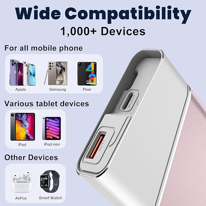 Aaoyun Portable Charger Power Bank, 20000mAh 22.5W PD Fast Charging Powerbank with Built-in USB C Cable, External Phone Battery Pack for iPhone 17/16/15 Samsung S24 Android etc, Pink