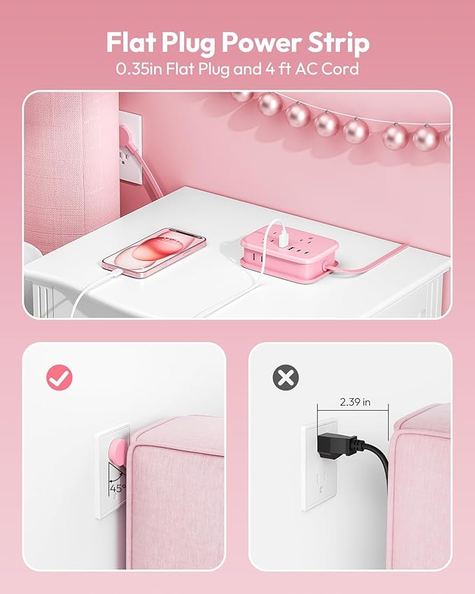 NTONPOWER Pink Extension Cord, Travel Power Strip, 6 Outlets 4 USB Ports(2 USB C), 4ft Extension Cord Wrapped Around Small Power Strip, Compact for Travel, Hotel, Cruise Approved, White