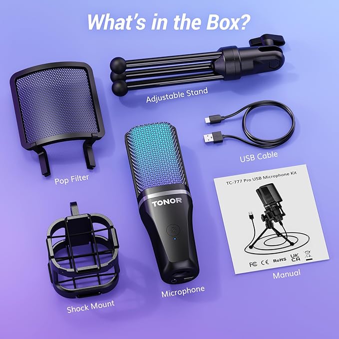 TONOR Podcast Microphone, USB Computer Mic, Cardioid Condenser PC Micro with Tripod Stand and Pop Filter for Podcasting, Streaming, Vocal Recording, PC & Laptop, 180 cm/70inch Cable, TC777 Pro