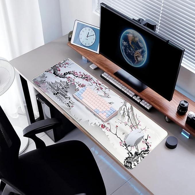 Gaming Mouse Pad XL XXL with World Map(31.5 x 11.8in), Desk Mat&Large Mouse Pad Keyboard Mat 3MM Anti Slip and Waterproof Rubber Mouse Pad(Japanese Cherry Blossom)