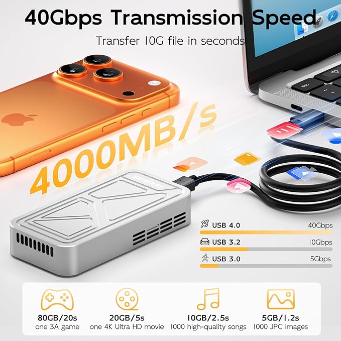 40Gbps M.2 NVME Enclosure with Cooling Fan,USB 4 NVMe Enclosure,Compatible with Thunderbolt 4/3/USB3.2/3.1/3.0/2.0