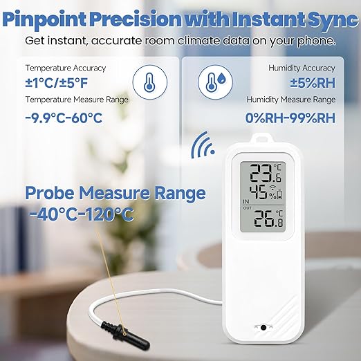 WiFi Refrigerator Thermometer Hygrometer with Alarm, Freezer Temperature with Probe, Wireless Digital Fridge Thermometer Humidity Sensor, Free Data Export for Home Kitchen Fridge Tub