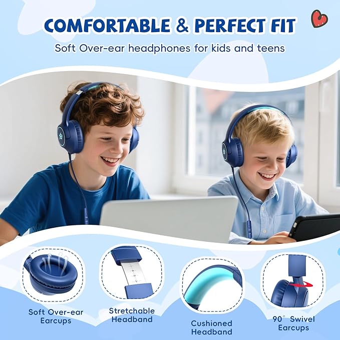 Kids Headphones Wired for School, 85/94dB Volume Limit, Wired Over Ear Headphones for Kids Boys Girls with Microphone, Stereo Sound 3.5mm Cord for Kindle Tablet Airplane Travel, Navy Blue