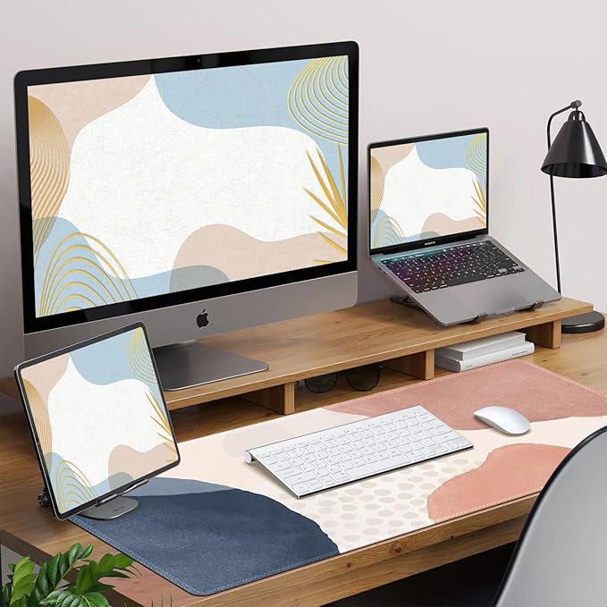 HAOCOO Desk Mat, Computer Desk Pad, Large Mouse Pad for Desk, 35.4" x 15.7" Gaming Mousepad for Desktop with Non-Slip Base, Waterproof Laptop Keyboard Mat for Home Office, Light Pink Boho