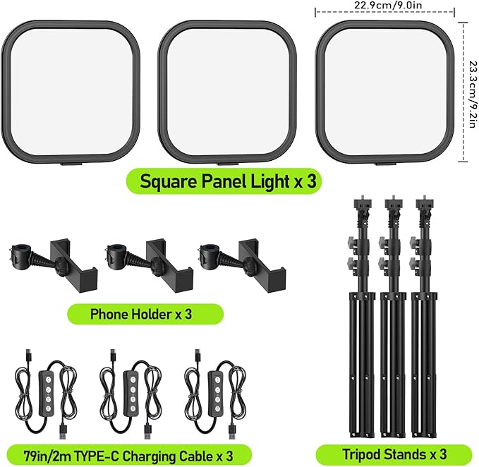 ALTSON 3 Pack LED Video Panel Light, 2500-8500K Dimmable Studio Lights with Tripod Stand & Phone Holder, 78" Photography Lighting Kit for Video Recording, Game Streaming, Photography, Tiktok, YouTube