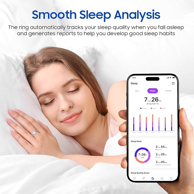 Smart Health Ring Fitness Tracker with Stress & Sleep Monitoring, Waterproof Activity Tracker, Compatible with iOS & Android, No Subscription Fee, Lightweight Wearable for Women & Men (Black, 8)
