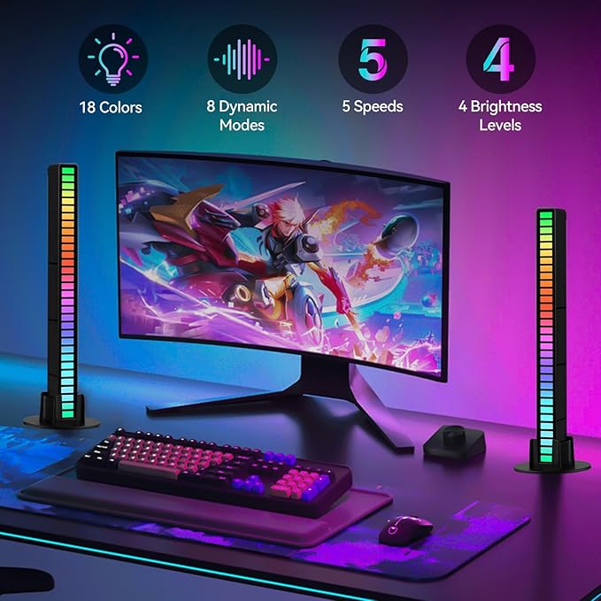 Smart RGB Rhythm Light Bar with 32 LEDs, Music Atmosphere Rhythm Light with 18 Colors & 8 Dynamic Modes, USB Powered RGB Sound Control Light for Bedroom, Party, Gaming, and Car Decor