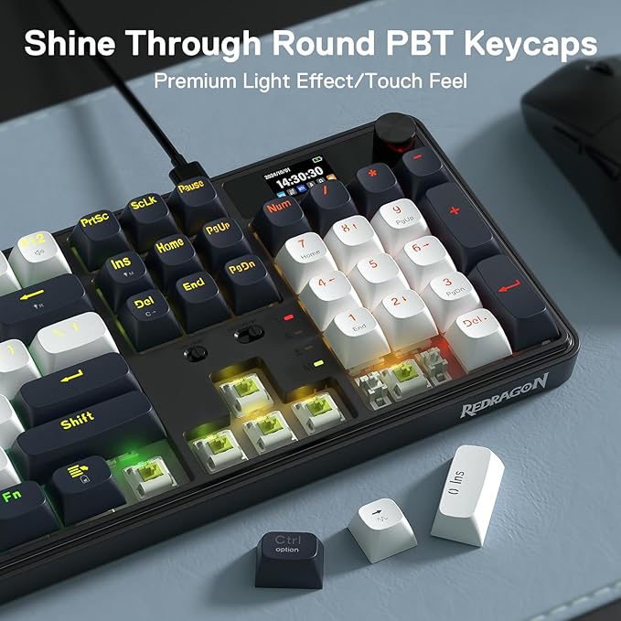 Redragon K761 Wireless Gasket Gaming Keyboard w/Hype Screen & Knob, 104 Keys Mechanical Keyboard, Easy-Control 1.26’ TFT Info Display, 5-Layer Noise Dampening, Custom Linear Switch, Abyssal Blue