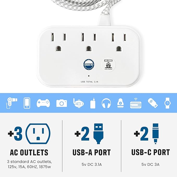 Cruise Approved Power Strip Non Surge Protector with 3.3 ft Travel Extension Cord and USB Ports [2 USB, 2 USB-C, 3 AC] Cruise Ship Essentials for Carnival, Princess, & Major Cruise Lines 2026 & 2027
