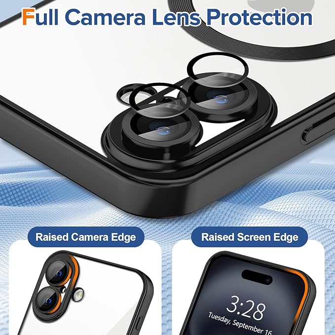 Hython Magnetic Clear for iPhone 16 Plus Case with Camera Lens Protector [Compatible with MagSafe] Luxury Plating Edge Slim Soft TPU Cover Protective Phone Case for iPhone 16 Plus, Matte Black