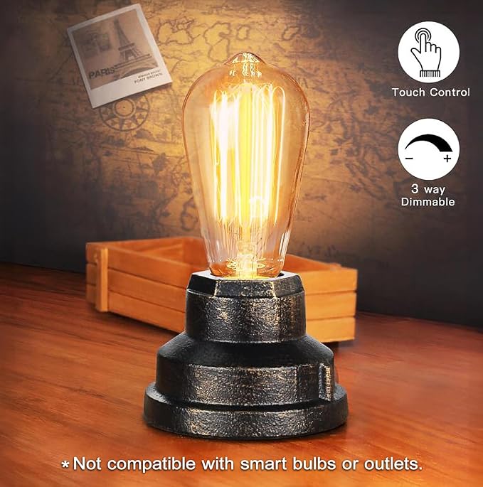 Small Touch Control Table Lamp Base, Industrial Touch Light Vintage Edison Bulb Base, Dimmable Bedside Nightstand Accent Light for Living Room Bedroom, Antique Steampunk Style
