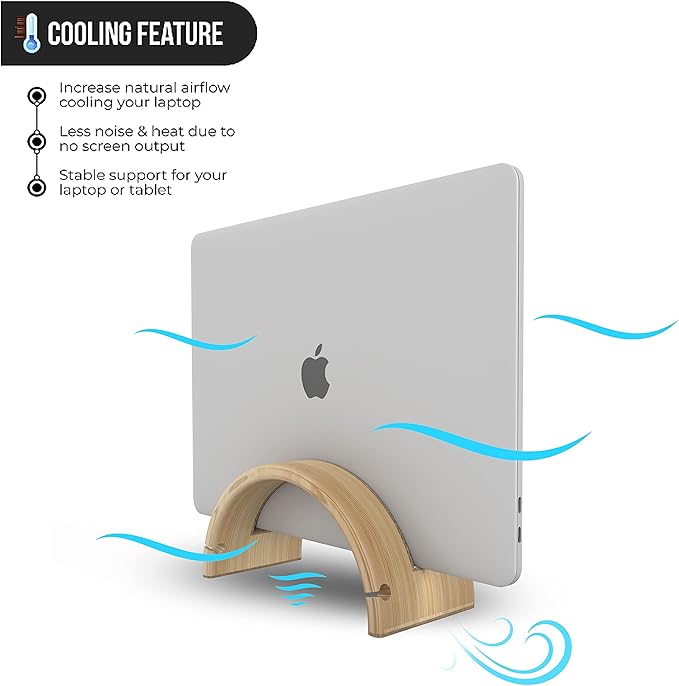 Kothar Wood Vertical Laptop Stand for Desk, Natural Bamboo, Space-Saving Desktop Dock for Apple MacBook, Microsoft Surface, iPad, Tablets and More